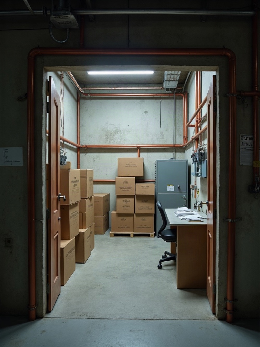 Warehouse office looking onto stacked cartons and a gray electrical cabinet