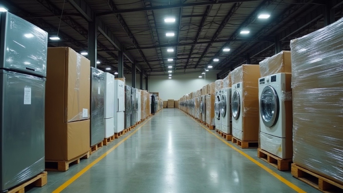 Warehouse aisle of boxed refrigerators, washing machines and televisions on pallets