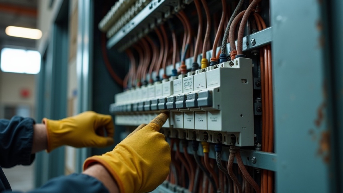 Open electrical distribution board with copper busbars and cables in a metal tray
