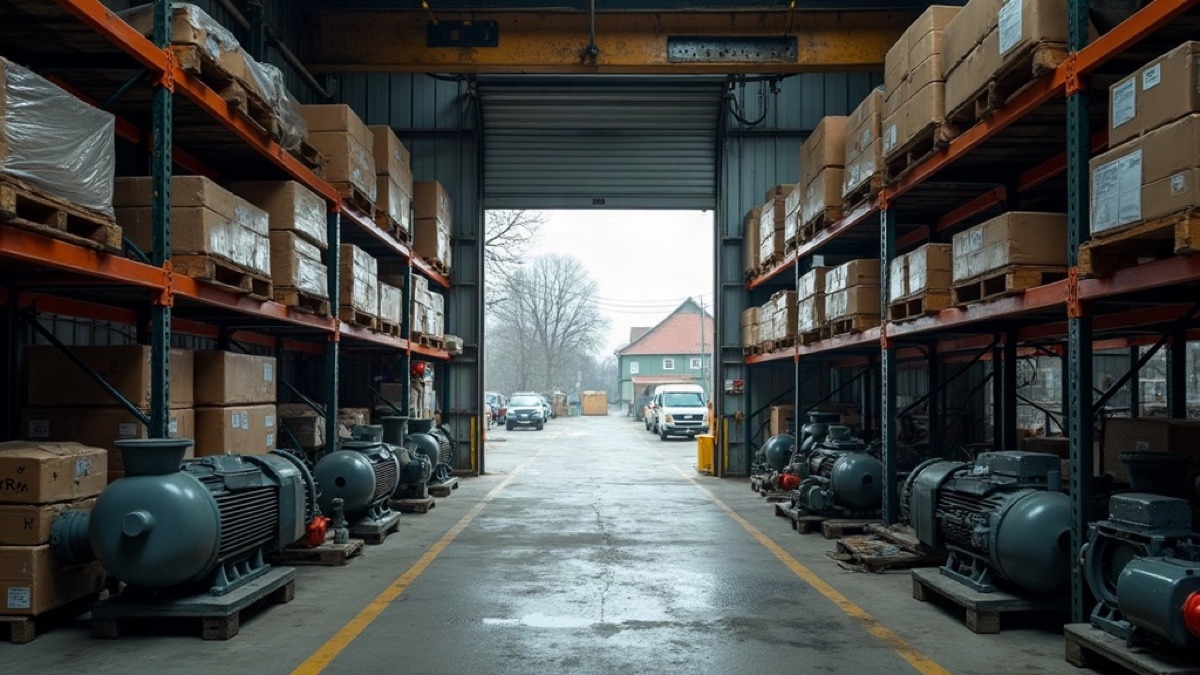 Industrial motors, pumps and control cabinets stored on steel warehouse racks